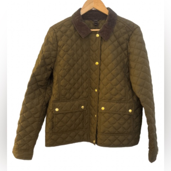 J. Crew Jackets & Blazers - J.Crew women’s XL quilted olive green jacket, brown corduroy collar, preowned